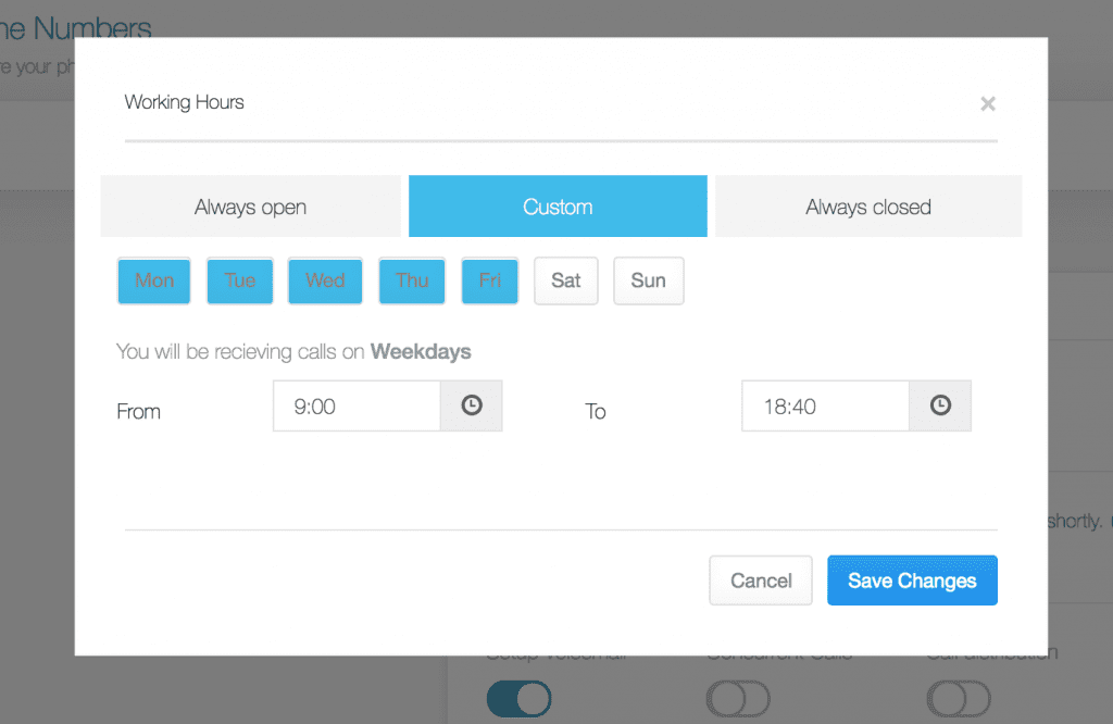 Set Opening Hours on your phone number using Justcall