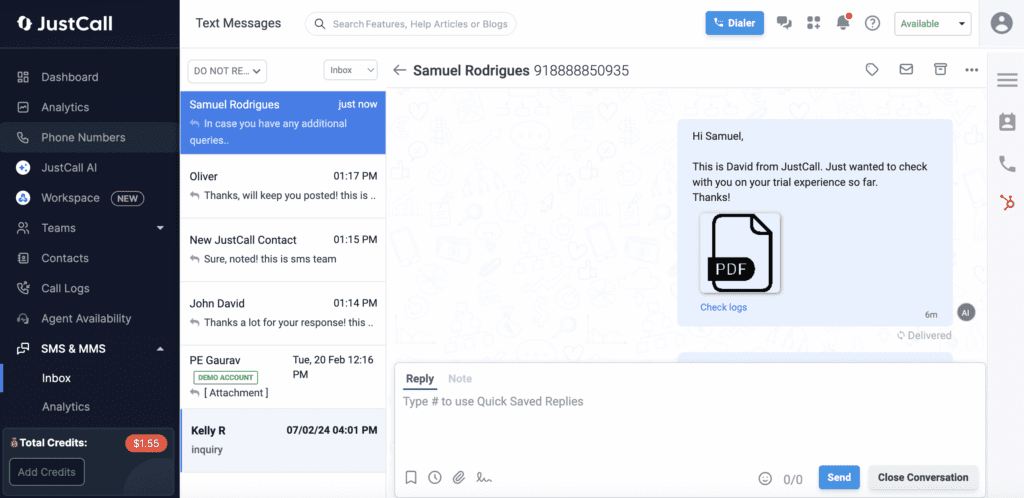 Manage Replies from the JustCall Inbox