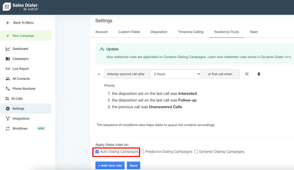 Sales Dialer -> Settings -> Reattempt Rules