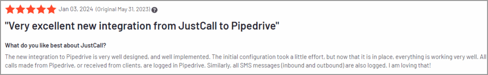 customer review - justcall integration with pipedrive