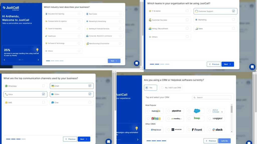 JustCall account dashboard