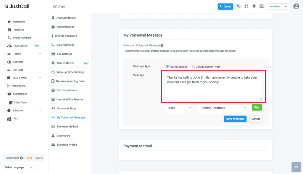 Setup audio greeting message for phone numbers